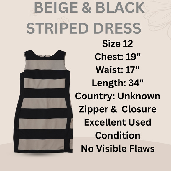 Calvin Klein Dress Sz 12 Black Beige Striped Sleeveless Crew Neck Corpcore EUC - Picture 6 of 10